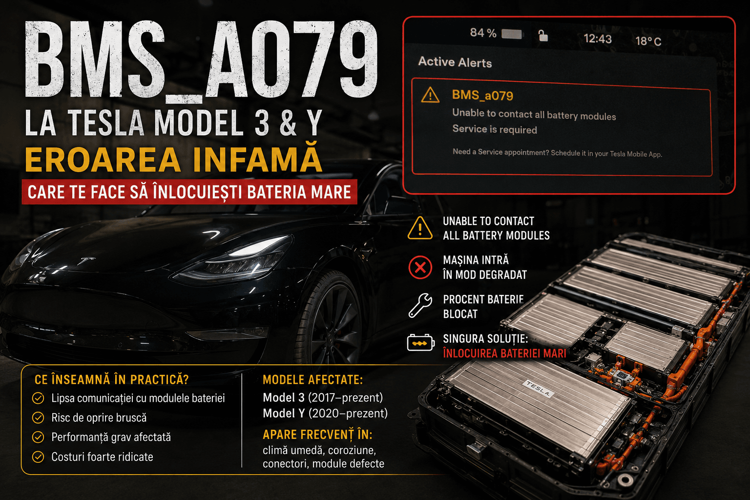 BMS_a079 la Tesla Model 3 și Y — eroare pack defect, înlocuire și garanție la T-Expert București