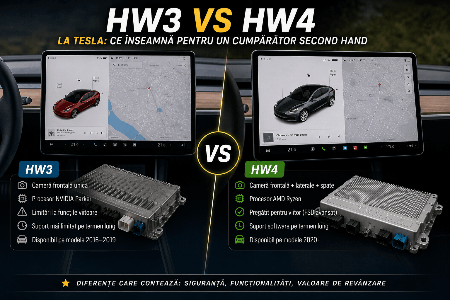 HW3 vs HW4 Tesla — diferențe hardware Autopilot, ce verifici la cumpărare second hand