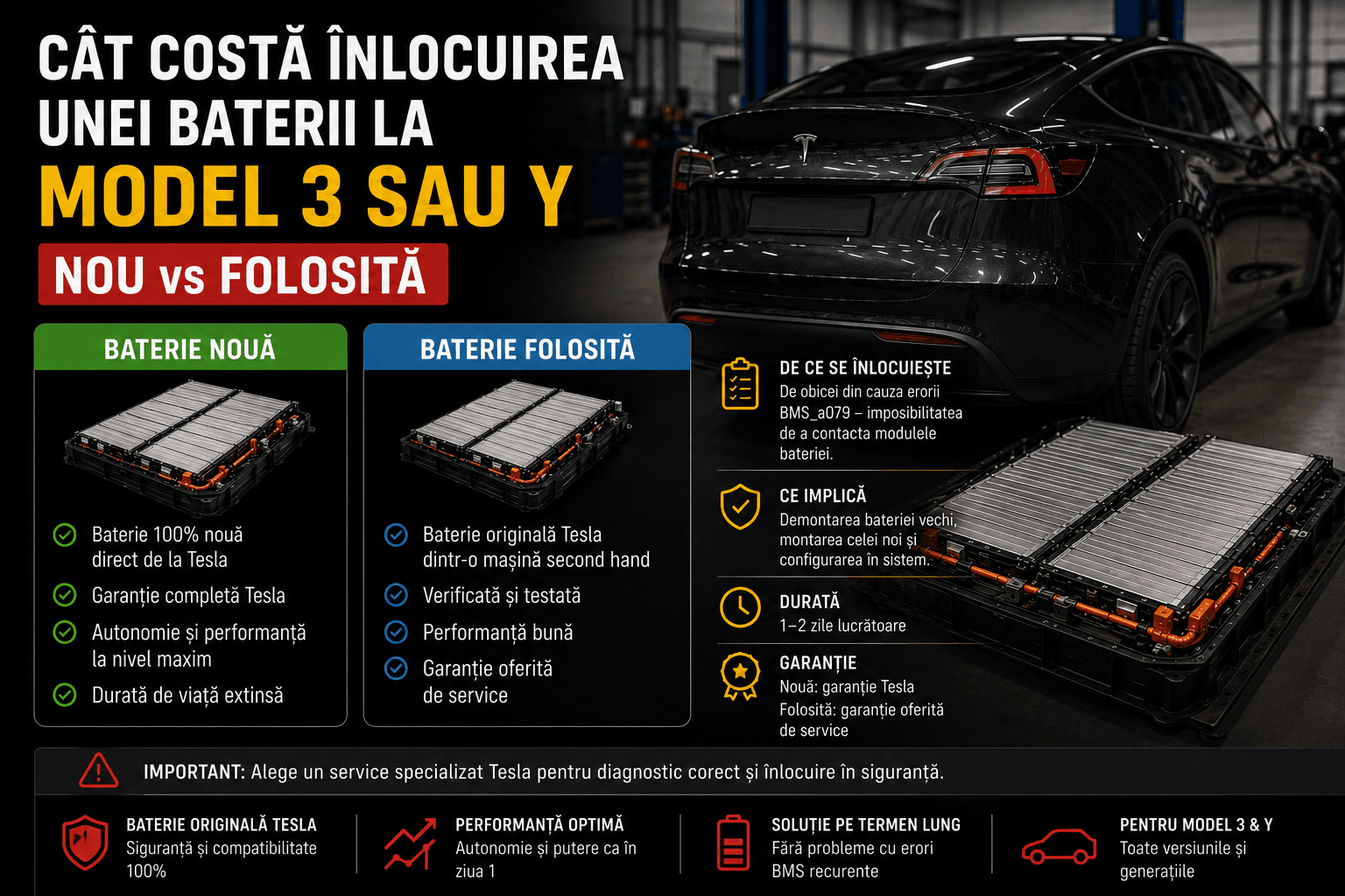 Reparație și înlocuire baterie Tesla Model 3 — costuri reale la T-Expert București