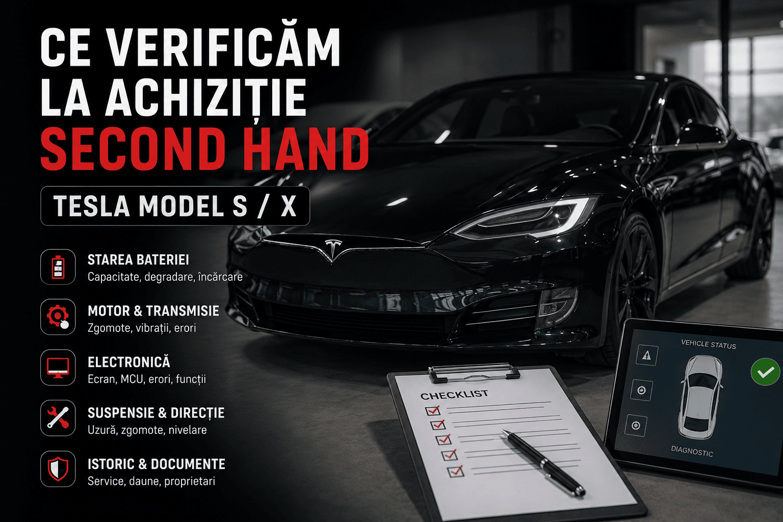 Ghid verificare Tesla Model S și X second hand — ce verifici pe generații la T-Expert București
