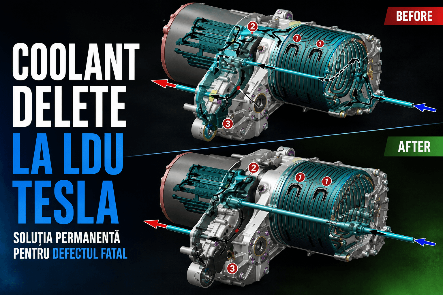 Unitate de acționare Tesla LDU (Large Drive Unit) pregătită pentru intervenția de coolant delete în atelierul T-Expert București