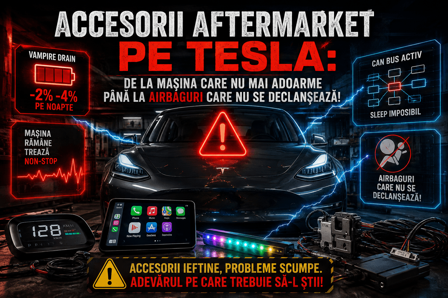 Accesorii aftermarket montate pe Tesla — cauze de vampire drain și erori diagnosticate la T-Expert București
