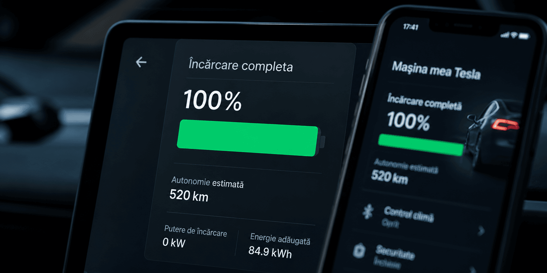 Ecran de încărcare care afișează 100% și aplicație de diagnoză pe telefon