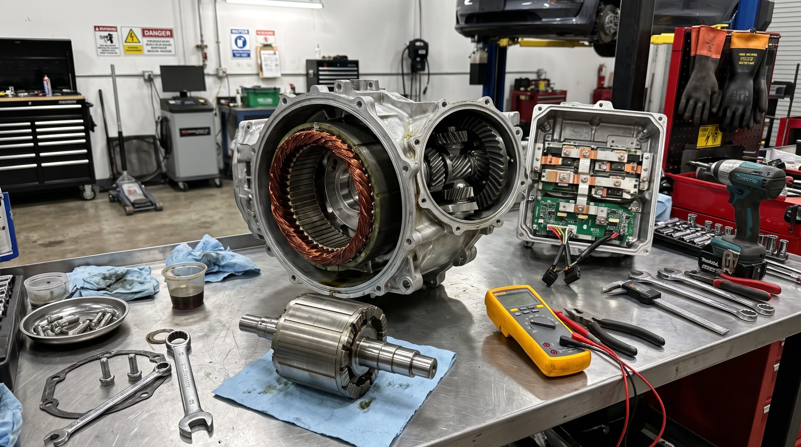 Drive unit Tesla deschis în atelier: stator și rotor, diferența dintre motorul sincron și cel asincron